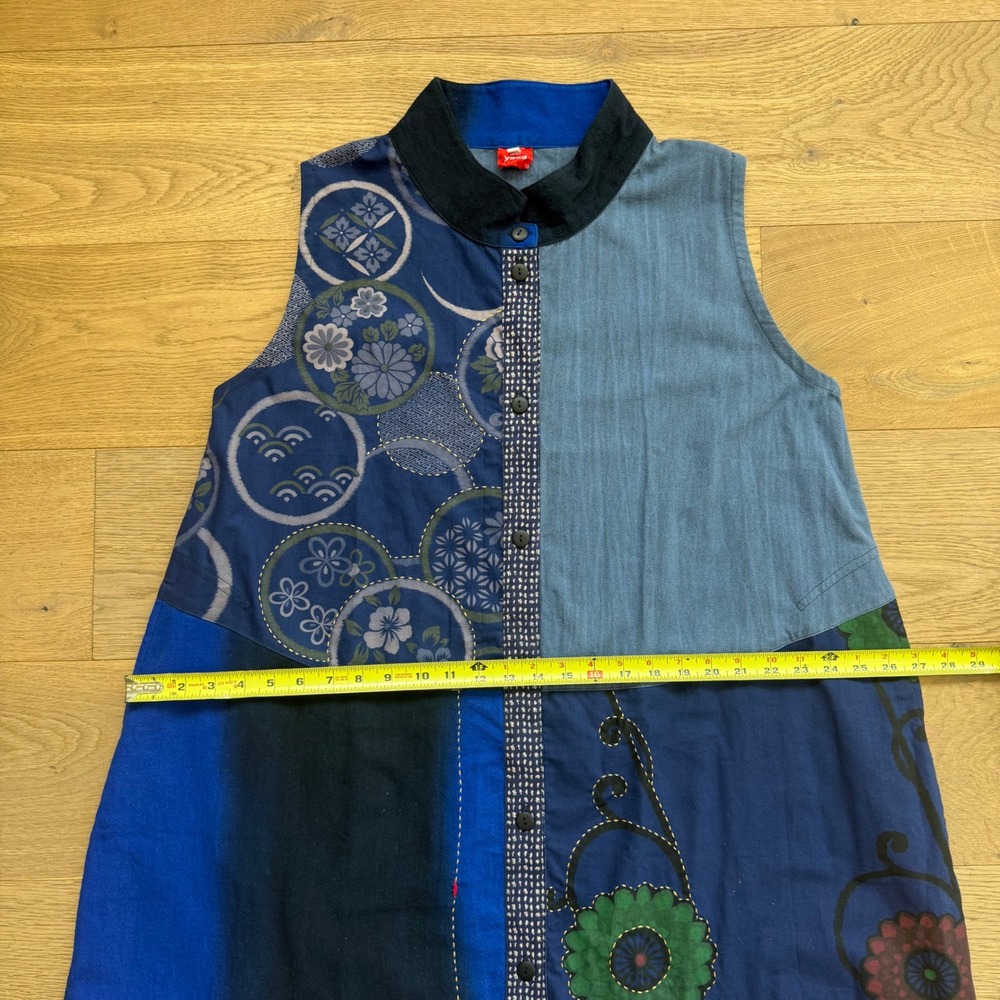 Yaza Eliana Dress Blue Patchwork Cotton Sleeveless Button Front Midi Womens L/XL - Picture 7 of 10